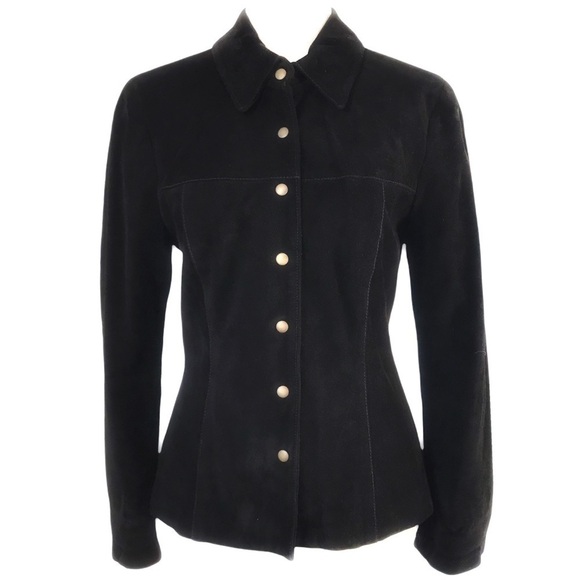 BCBGMAXAZRIA BLACK 100% DAIN SUEDE BUTTON UP COLLAR JACKET - S - Picture 1 of 8